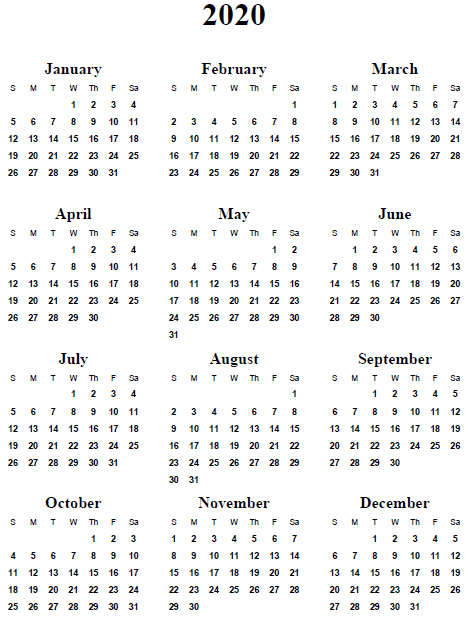 Printable Calendar 2020 Template