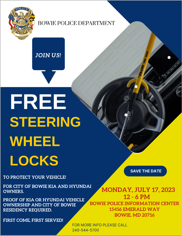 Bowie Police Department to Provide Free Steering Wheel Locks on July 17