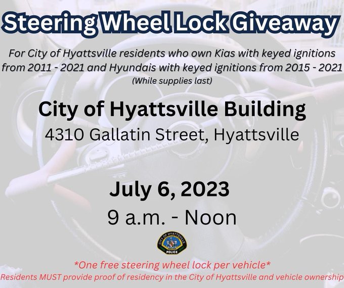 Hyattsville Police to Give Out Free Anti-Theft Steering Wheel Locks to Residents